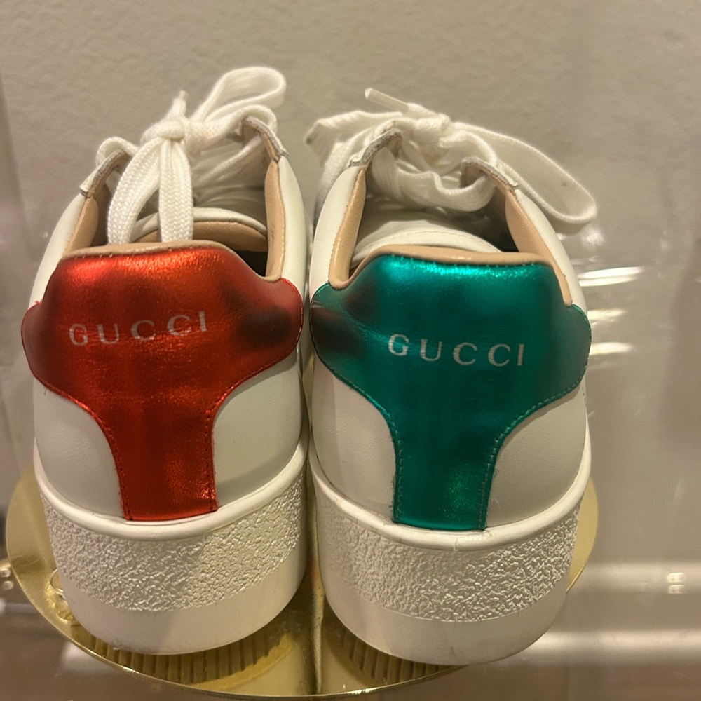 Gucci White Leather Platform Sneakers with Green and Red Web and Gold Bee - Picture 3 of 5